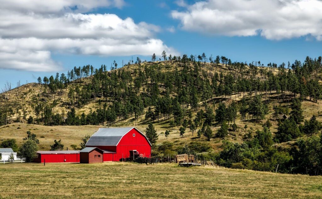 A wide-shot picture of a ranch. 